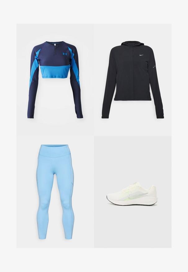 Svart hettegenser med lange ermer, laget av lett materiale. Har glidelås foran, Nike-logo og subtile design detaljer.; Marineblå og blå langermet treningsgenser med halvlukket krage, ribbet tekstur og kontrasterende sidepaneler. Under Armour-logo på brystet.; Lys blå leggings laget av elastisk stoff. Har høy midje, jevn tekstur og buede sømmer langs beina.; Nike Performance DOWNSHIFTER 13 - Løpesko for vei - sail/silver-coloured photon dust/summit white/barely volt/black