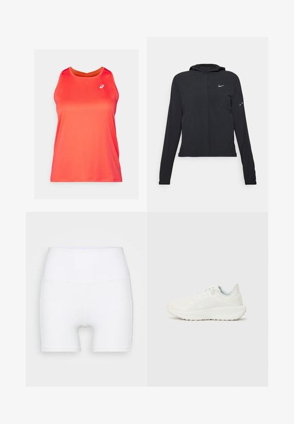 Black hooded jacket with long sleeves, made from lightweight material. Features a front zipper, a Nike logo, and subtle design accents.; Bright red athletic tank top with a crew neckline, made of lightweight, textured fabric; features a small logo on the upper left side.; White high-waisted shorts made from stretch fabric. Features a smooth texture and fitted design, with no additional patterns or hardware.; White athletic shoes with a textured upper, padded collar, and lace closure. Features a curved outsole and subtle branding on the side.