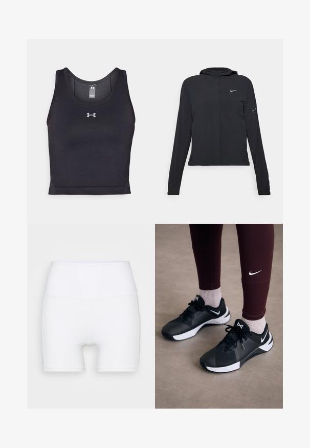 Juodas gobtuvas striukė su ilgomis rankovėmis, pagaminta iš lengvo audinio. Pasižymi priekiniais užtrauktukais, Nike logotipu ir subtiliais dizaino akcentais.; Juodas atletinis marškinėlis be rankovių, pagamintas iš tamprios medžiagos su lygia tekstūra. Yra apvalus iškirpimas ir mažas sidabrinis logotipas centre.; Balti aukšto juosmens šortai, pagaminti iš elastingos medžiagos. Yra lygus paviršius ir prigludęs siluetas, be papildomų raštų ar detalių.; Juodos sportinės bateliai su tekstūruota viršutine dalimi ir baltais akcentais, su raišteliais ir šoniniu logotipu. Dėvimi su bordo spalvos leggingais ir šviesiomis kojinėmis.