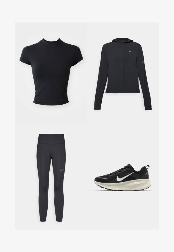 Fekete kapucnis dzseki hosszú ujjakkal, könnyű anyagból készült. Elülső cipzárral, Nike logóval és diszkrét dizájn elemekkel rendelkezik.; Fekete, rövidített póló sima, rugalmas anyagból, magas nyakkal és rövid ujjakkal, tiszta varrással és testhezálló fazonnal.; Fekete leggings elasztikus anyagból, magas derékkal és fehér Nike logóval a bal combon. Simább textúra, testhez álló kialakítás.; Fekete Nike futócipő légáteresztő hálós felsőrésszel, fehér Swoosh logóval, textúrázott részletekkel és krém színű ZoomX középtalppal.