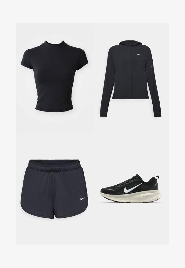 Must musta kapuutsiga jakk, millel on pikad varrukad ja mis on valmistatud kergetest materjalidest. Omab esitaskut, Nike logo ja kergelt silmatorkavaid disainiaktsente.; Must have musta must rinna muldne trööp alusega musta vähe mulda t-särk sileda, elastse kangaga, kõrge kaelusega ja lühikeste varrukatega, millel on puhas õmblus ja sobiv siluett.; Mustad mustikud mustad lühikesed püksid, mis on valmistatud kerge ja hingava kangaga. Omab elastset vööd ja valget Nike logo alumises paremas nurgas.; Musthave mustus Nike jooksujalats, millel on hingav võrgust ülemine osa, valge swoosh logo, tekstuuriga detailid ja kreemja värvusega ZoomX vahevöö.
