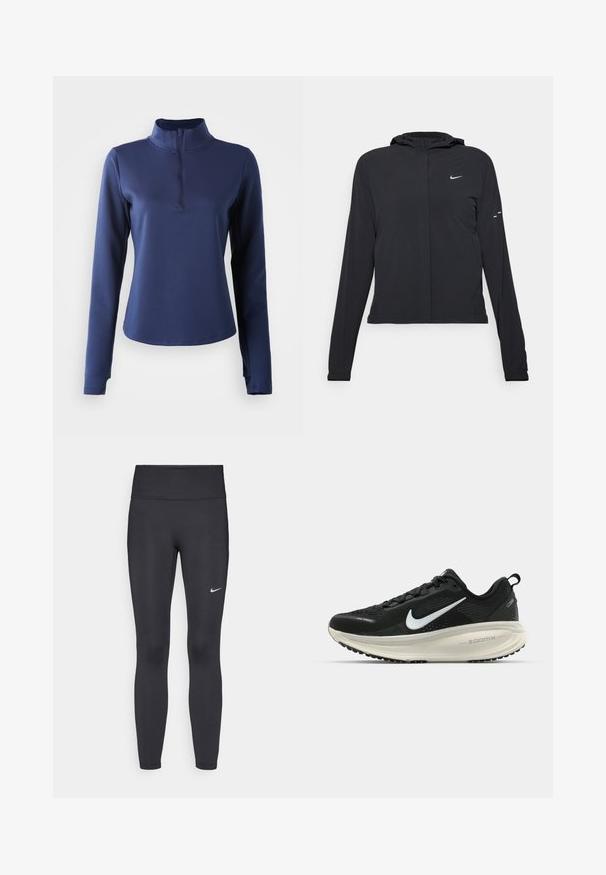 Schwarze Kapuzenjacke mit langen Ärmeln, aus leichtem Material gefertigt. Sie hat einen vorderen Reißverschluss, ein Nike-Logo und dezente Designelemente.; Navyfarbener Langarmshirt mit hohem Kragen und einem Viertel-Reißverschluss. Glatte Textur, taillierte Passform und Nahtdetails entlang des Ausschnitts.; Schwarze Leggings aus elastischem Stoff, mit einem hohen Bund und einem weißen Nike-Logo auf dem linken Oberschenkel. Glatte Textur, figurbetontes Design.; Schwarzer Nike-Laufschuh mit atmungsaktivem Mesh-Obermaterial, weißem Swoosh-Logo, strukturierten Details und einer cremefarbenen ZoomX-Zwischensohle.