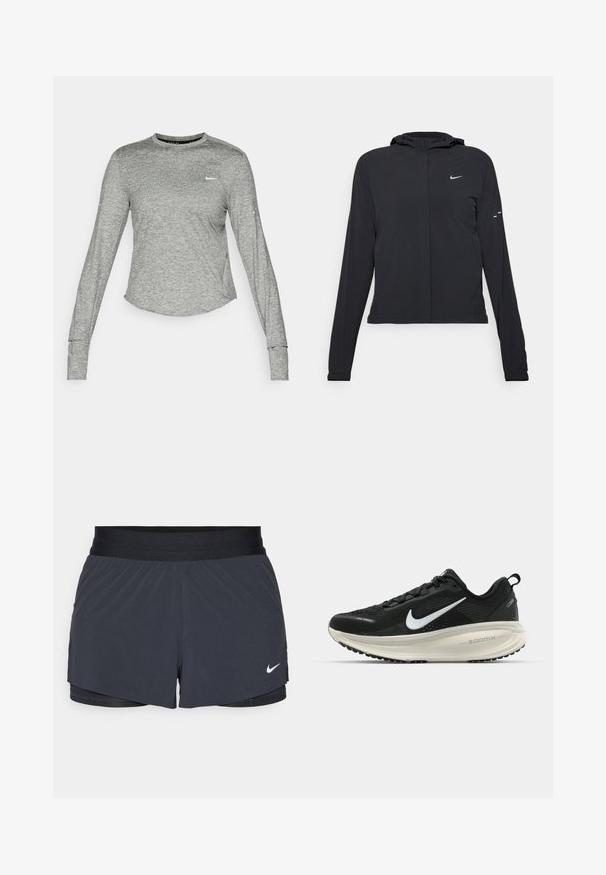 Black hooded jacket with long sleeves, made from lightweight material. Features a front zipper, a Nike logo, and subtle design accents.; Gray long-sleeve athletic shirt made from a textured, lightweight fabric. Features a rounded hem and small white logo on the left chest.; Black athletic shorts with an elastic waistband, featuring a layered design and a small white Nike logo on the lower left. Lightweight material.; Black Nike running shoe with breathable mesh upper, white swoosh logo, textured detailing, and a cream-colored ZoomX midsole.