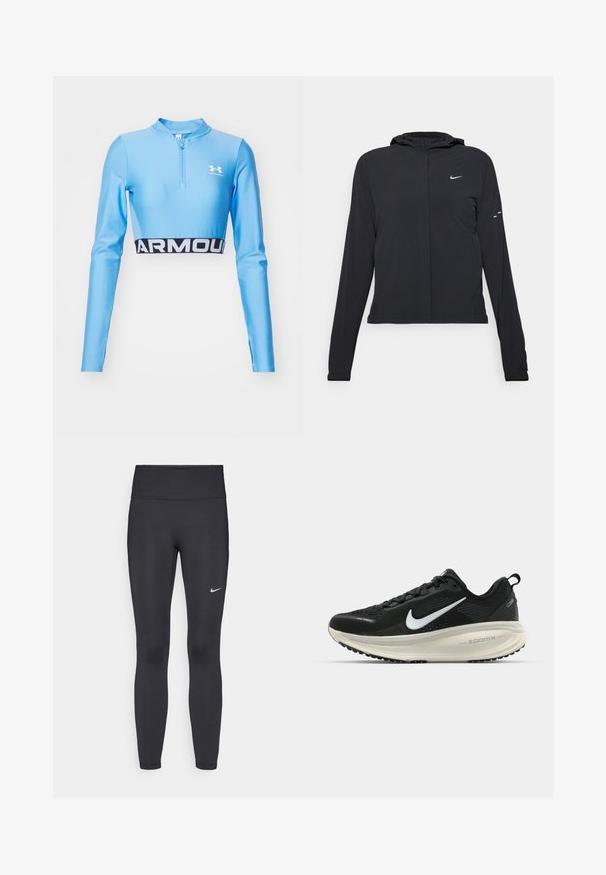 Casaco preto com capuz e mangas longas, feito de material leve. Apresenta um fecho dourado na frente, um logótipo da Nike e detalhes de design subtis.; Top desportivo azul de manga longa e corte cropped com um fecho de meio zip. Apresenta uma faixa preta com "ARMOUR" em letras brancas na barra. Feito de material elástico.; Leggings pretos feitos de tecido elástico, com uma cintura alta e um logo branco da Nike na coxa esquerda. Textura suave, design ajustado ao corpo.; Sapatilha de corrida Nike preta com parte superior de malha respirável, logotipo Swoosh branco, detalhes texturizados e uma entressola ZoomX na cor creme.