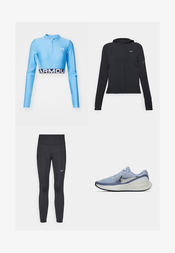 Melnā kapuci jaka ar garām piedurknēm, izgatavota no viegla materiāla. Tam ir priekšējais rāvējslēdzis, Nike logo un smalki dizaina akcenti.; Zils, garajm rakstītes sporta krekliņš ar pus-izgāztiem kakla izgriezumiem. Tam ir melna josla ar vārdu "ARMOUR" baltā krāsā apakšmalā. Izgatavots no elastīga materiāla.; Melnas legingi, izgatavoti no elastīga auduma, ar augstu jostu un baltu Nike logotipu kreisajā augšstilbā. Gluda tekstūra, piegulošs dizains.; Gaiši zila un balta Nike skrienošā apavi ar sudraba Swoosh logotipu, elpojošs sietiņaudums augšdaļā, mīksta zole un melna ārējā zole.