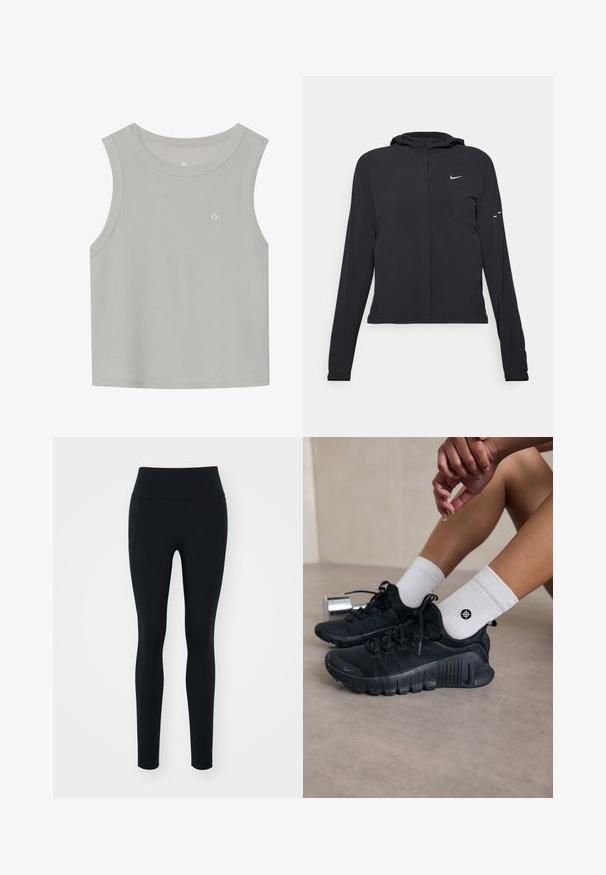Casaco preto com capuz e mangas longas, feito de material leve. Apresenta um fecho dourado na frente, um logótipo da Nike e detalhes de design subtis.; Top sem mangas cinza claro, feito de tecido canelado; apresenta um decote redondo e um pequeno logótipo branco na frente. Design simples.; Leggings pretos feitos de material elástico com uma cintura alta. Textura suave, design ajustado e sem adornos ou padrões visíveis.; Sapatilhas atléticas pretas com tecido texturizado, design com atacadores e uma sola proeminente, emparelhadas com meias brancas com nervuras e um pequeno logótipo.