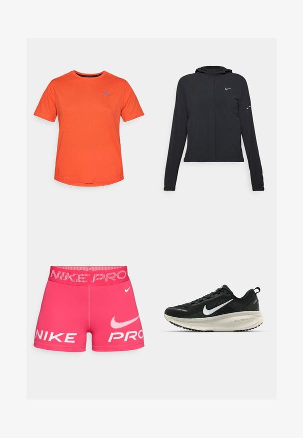 Svart huva jacka med långa ärmar, gjord av lätt material. Har en framdragare, en Nike-logotyp och subtila designelement.; Orange kortärmad T-shirt av mjuk bomull, med en blå bergslogotyp på vänster bröst, rund hals och normal passform.; Rosa sportshorts med en bred midjeresår med logotyp. Har djärv vit "NIKE" och "PRO" märkning framtill samt en slät, elastisk textil.; Svart Nike löparsko med andningsbart mesh-ovandel, vit swoosh-logotyp, texturerad detaljering och en krämfärgad ZoomX-mellansula.