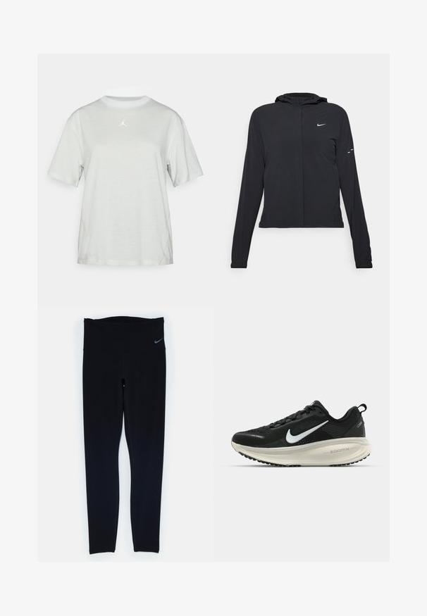 Melnā kapuci jaka ar garām piedurknēm, izgatavota no viegla materiāla. Tam ir priekšējais rāvējslēdzis, Nike logo un smalki dizaina akcenti.; Gaiši pelēks īsām piedurknēm T-krekls, izgatavots no elpojoša auduma, ar apaļu kakla izgriezumu un baltu Jumpman logo uz krūtīm. Gluda tekstūra.; Melnas sporta legingi, kuri izgatavoti no stiept materiāla, ar plašu jostu un šuvēm. Tiem ir mazs logs pie jostas.; Melnas Nike skriešanas kurpes ar elpojošu acs augšdaļu, baltu Swoosh logotipu, strukturētu apdari un krēmkrāsas ZoomX starpsole.