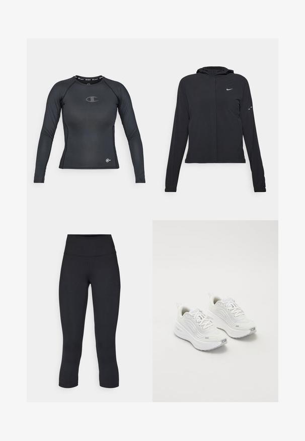 Fekete kapucnis dzseki hosszú ujjakkal, könnyű anyagból készült. Elülső cipzárral, Nike logóval és diszkrét dizájn elemekkel rendelkezik.; Fekete, hosszú ujjú sportpóló, rugalmas anyagból készült, kerek nyakkivágással és logóval a mellkason és a szegélynél.; Fekete, rövidített leggings elasztikus anyagból, magas derékkal és sima textúrával, látható minták vagy fémalkatrészek nélkül.; Fehér sportcipő, texturált hálós felsőrésszel, párnázott talppal és diszkrét szürke díszítésekkel. Tartalmazza a márkázást és a könnyű felhúzást segítő hurkot a sarokrészen.