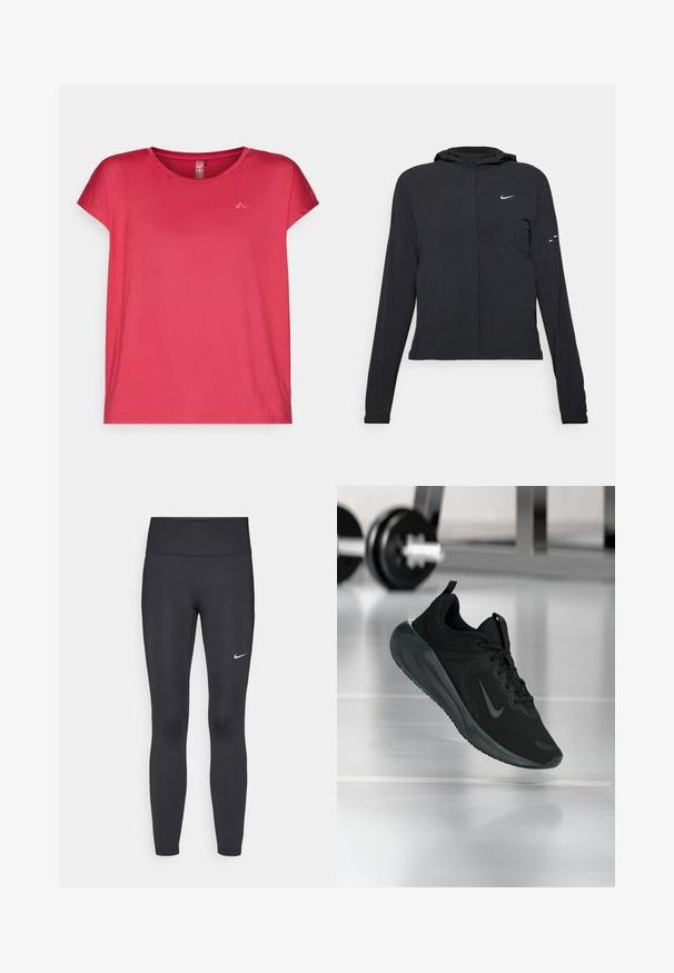 Mustassa hupparissa on pitkät hihat, ja se on valmistettu kevyestä materiaalista. Siinä on edessä vetoketju, Nike-logo ja hillityt muotoiluyksityiskohdat.; Punainen lyhythihainen t-paita, joka on valmistettu sileästä ja kevyestä materiaalista. Siinä on pyöreä kaula-aukko ja pieni logo vasemmalla puolella etuosaa.; Mustat leggingsit joustavasta kankaasta, joissa on korkea vyötärö ja valkoinen Nike-logo vasemmassa reidessä. Sileä pinta, muotoaan myötäilevä suunnittelu.; Musta urheilusneekeri, jossa on Nike-logo, esitetty ilmassa kuntosalilattialla, taustalla sumea käsipainohylly.