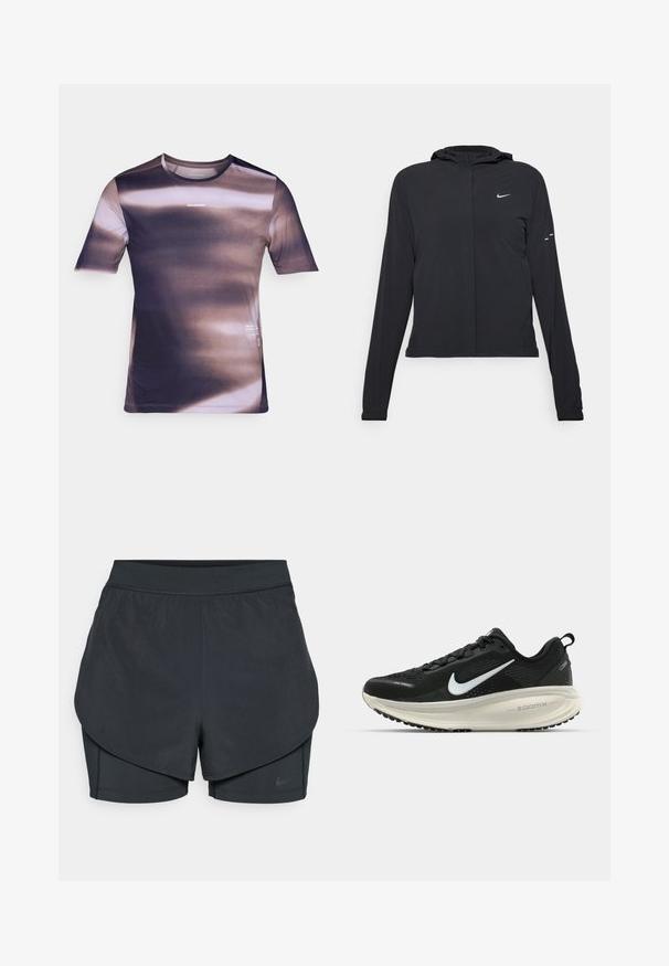Svart hettegenser med lange ermer, laget av lett materiale. Har glidelås foran, Nike-logo og subtile design detaljer.; T-skjorte med kort erme i gradientnyanser av lilla og brunt, med teksturert stoff, rund hals og logo-detalj.; Svart idrettsshorts med lagdelt design, som har et glatt ytre lag og tettsittende indre shorts. Laget av lett, elastisk stoff.; Svart Nike løpesko med pustende mesh-overdel, hvit swoosh-logo, teksturert detaljer og en kremfarget ZoomX mellomsåle.