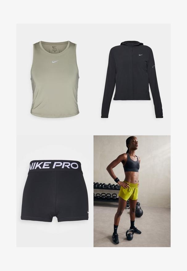 Zwarte kaptrui met lange mouwen, gemaakt van lichtgewicht materiaal. Voorzien van een ritssluiting aan de voorkant, een Nike-logo en subtiele ontwerpelementen.; Groene sportieve tanktop gemaakt van vochtregulerende stof. Heeft een ronde hals, mouwloos ontwerp en een klein blauw logo aan de voorkant.; Zwarte sportshorts met een brede, zwarte tailleband waarop "NIKE PRO" in het wit staat. Glad, rekbaar materiaal en afwerkingen van de zoom zijn zichtbaar.; Zwarte sportbeha, felgele shorts met een elastische tailleband, zwarte sportschoenen en polsbanden, staande naast kettlebells.