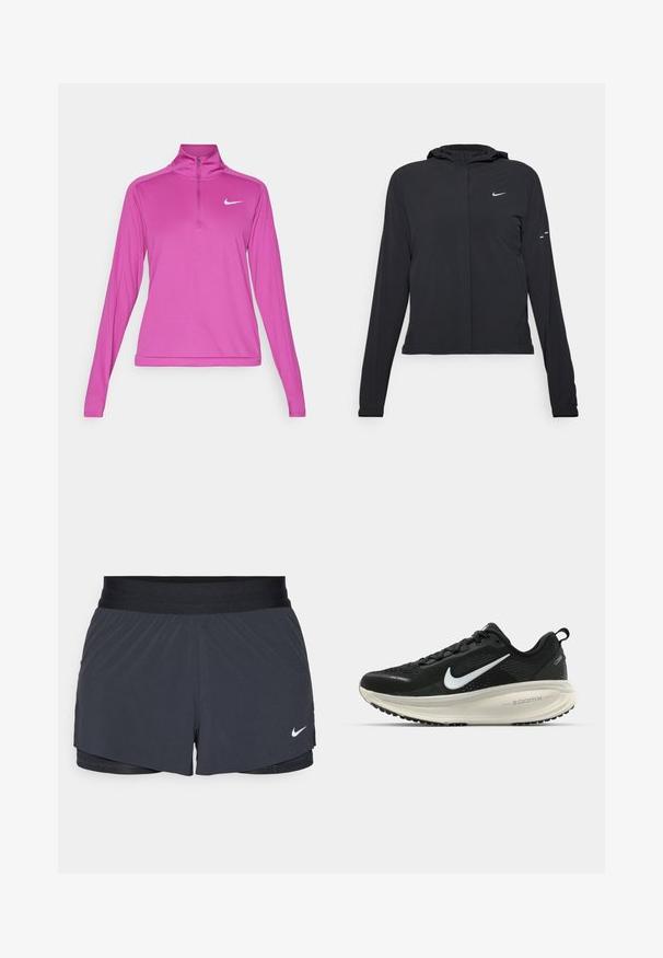 Svart hettegenser med lange ermer, laget av lett materiale. Har glidelås foran, Nike-logo og subtile design detaljer.; Nike Performance DRI-FIT PACER - Topper langermet - hot fuchsia; Sorte treningshorts med elastisk midjebånd, med lagdelt design og liten hvit Nike-logo på nederste venstre side. Lett materiale.; Svart Nike løpesko med pustende mesh-overdel, hvit swoosh-logo, teksturert detaljer og en kremfarget ZoomX mellomsåle.
