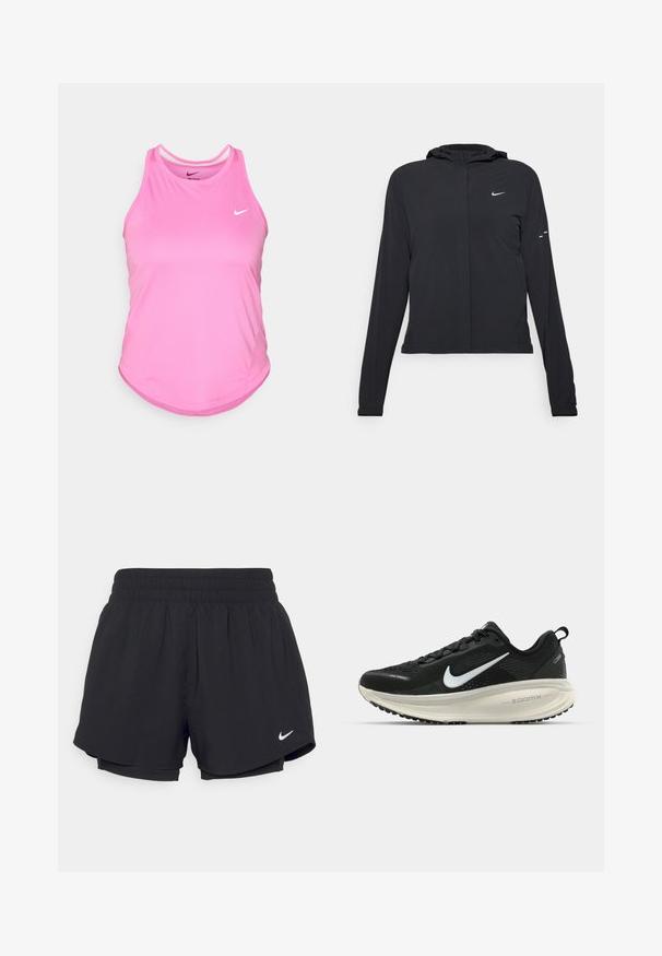 Crna jakna s kapuljačom i dugim rukavima, izrađena od laganog materijala. Ima prednji patentni zatvarač, Nike logo i suptilne dizajnerske detalje.; Roza atletska majica bez rukava s zaobljenim rubom, izrađena od glatkog, laganog materijala; na prednjoj strani se nalazi mali bijeli Nike logo.; Crne sportske kratke hlače s naboranom elastičnom trakom u struku, podstavljene, s bijelim Nike logom na donjoj lijevoj strani. Glatka, lagana tkanina.; Crne Nike trkačke tenisice s prozračnom mrežastom gornjom konstrukcijom, bijelim swoosh logotipom, teksturiranim detaljima i kremastom ZoomX srednjom potplatnom jedinicom.