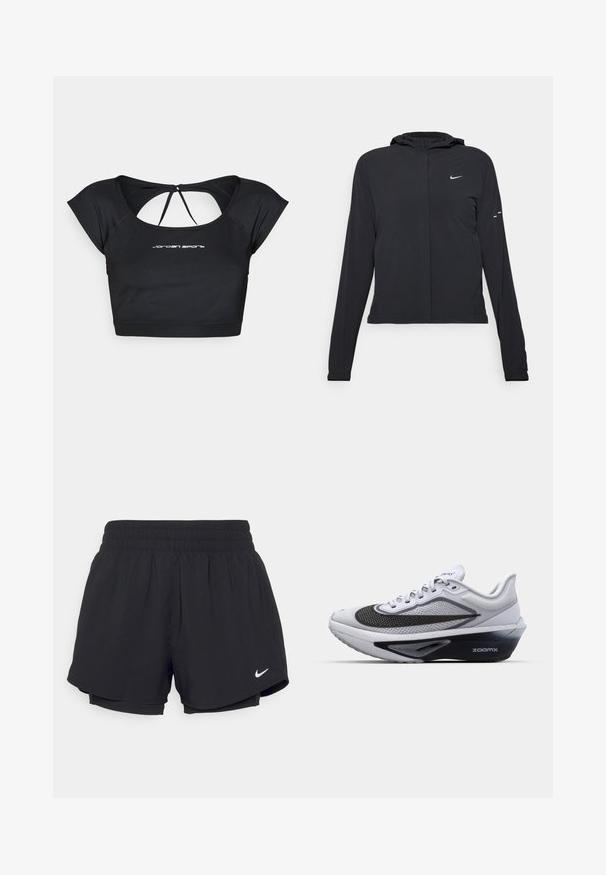 Črna kapuča s dolgimi rokavi, izdelana iz lahkega materiala. Ima sprednji zadrgo, logotip Nike in subtilne oblikovne detajle.; Črna skrajšana atletska majica s kratkimi rokavi, izrezom na hrbtu in z vrvico. Spredaj je v beli barvi logo "Jordan Sport".; Črne športne pantalone z nabranim elastičnim pasom, notranjo podlogo in belim Nike logotipom na spodnji levi strani. Gladka, lahka tkanina.; Bela športna obutev z mrežasto zgornjico, opremljena s črnimi ukrivljenimi črticami, podplatom s ZoomX blaženjem in teksturiranim dizajnom za zračnost.