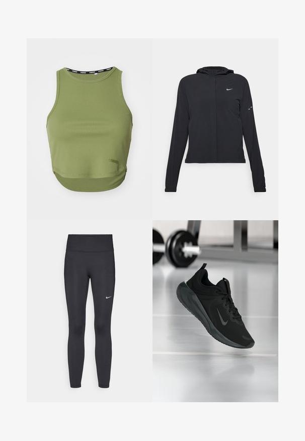 Svart huva jacka med långa ärmar, gjord av lätt material. Har en framdragare, en Nike-logotyp och subtila designelement.; Stronger Linne - loden green; Svarta leggings i elastiskt material, med hög midja och en vit Nike-logga på vänster lår. Slät textur, figurnära design.; Svarta sportskor med Nike-logotyp, visade mitt i luften på gymgolvet, med en suddig hantelställning i bakgrunden.