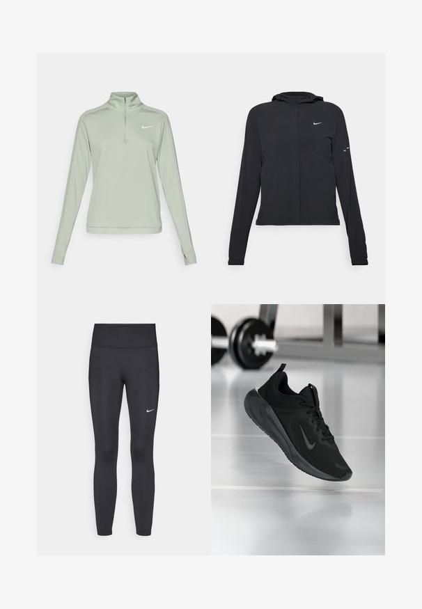 Black hooded jacket with long sleeves, made from lightweight material. Features a front zipper, a Nike logo, and subtle design accents.; Nike Performance DRI-FIT PACER - Long sleeved top - jade horizon; Black leggings made of stretchy fabric, featuring a high waistband and a white Nike logo on the left thigh. Smooth texture, form-fitting design.; Black sports sneaker with Nike logo, shown mid-air on gym floor, with blurred dumbbell rack in background.