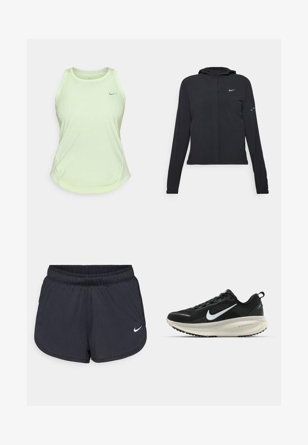 Schwarze Kapuzenjacke mit langen Ärmeln, aus leichtem Material gefertigt. Sie hat einen vorderen Reißverschluss, ein Nike-Logo und dezente Designelemente.; Helles grünes Sport-Tanktop aus atmungsaktivem Material, mit rundem Halsausschnitt, breiten Trägern und einem kleinen grauen Logo auf der Brust.; Schwarze Sportshorts aus leichtem, atmungsaktiven Material. Mit elastischem Bund und weißem Nike-Logo auf der unteren rechten Seite.; Schwarzer Nike-Laufschuh mit atmungsaktivem Mesh-Obermaterial, weißem Swoosh-Logo, strukturierten Details und einer cremefarbenen ZoomX-Zwischensohle.