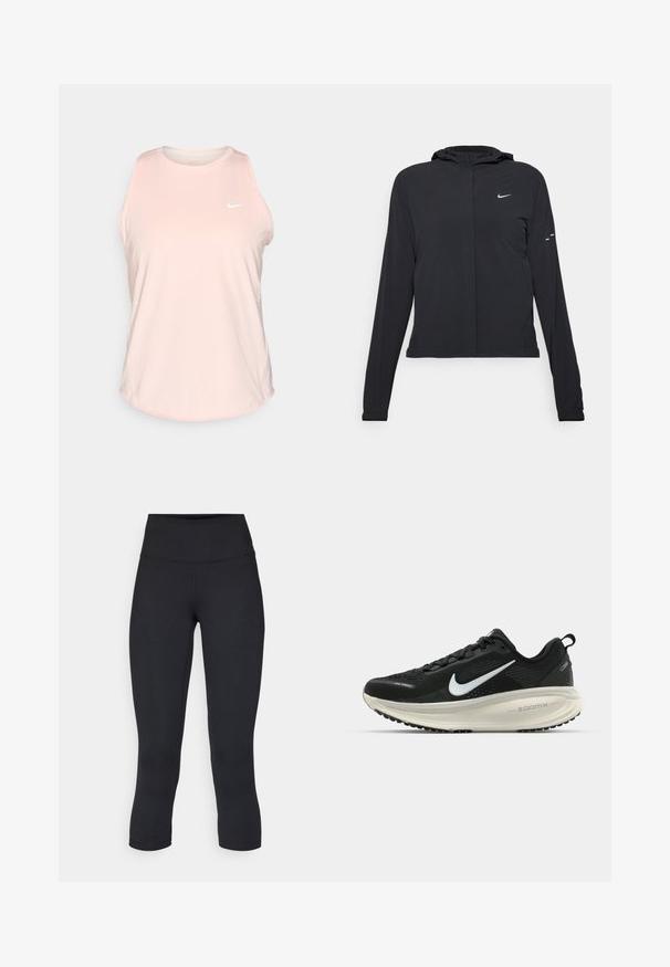Giacca nera con cappuccio e maniche lunghe, realizzata in materiale leggero. Presenta una zip frontale, il logo Nike e accenti di design sottili.; Top sportivo senza maniche di colore rosa chiaro realizzato in tessuto liscio, con scollatura rotonda e logo Nike bianco sul petto. Orlo curvo.; Leggings cropped neri realizzati in tessuto elasticizzato, con vita alta e texture liscia, senza motivi o componenti visibili.; Scarpa da corsa nera Nike con tomaia in rete traspirante, logo Swoosh bianco, dettagli testurizzati e intersuola ZoomX di colore crema.