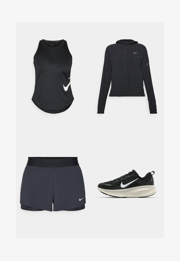 Jachetă neagră cu glugă, cu mâneci lungi, fabricată din material ușor. Dispune de un fermoar frontal, un logo Nike și accente de design subtile.; Top de sport negru dintr-un material neted, cu o tiv ușor curbat și un logo Nike alb proeminent pe partea stângă.; Shorts atletici negri, cu un elastic la talie, având un design stratificat și un mic logo alb Nike în partea stângă jos. Material ușor.; Pantofii de alergare negri de la Nike, cu parte superioară din plasă respirabilă, logo-ul alb Swoosh, detalii texturate și o talpă intermediară ZoomX de culoare crem.