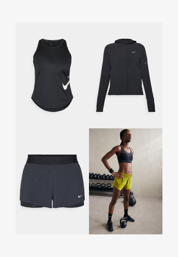 Giacca nera con cappuccio e maniche lunghe, realizzata in materiale leggero. Presenta una zip frontale, il logo Nike e accenti di design sottili.; Canottiera atletica nera realizzata in tessuto liscio, con orlo curvo e un prominente logo Nike bianco sul lato sinistro.; Pantaloni sportivi neri con vita elastica, caratterizzati da un design a strati e un piccolo logo Nike bianco in basso a sinistra. Materiale leggero.; Reggiseno sportivo nero, pantaloni corti giallo brillante con vita elastica, scarpe da ginnastica nere e polsini, in piedi accanto a kettlebell.