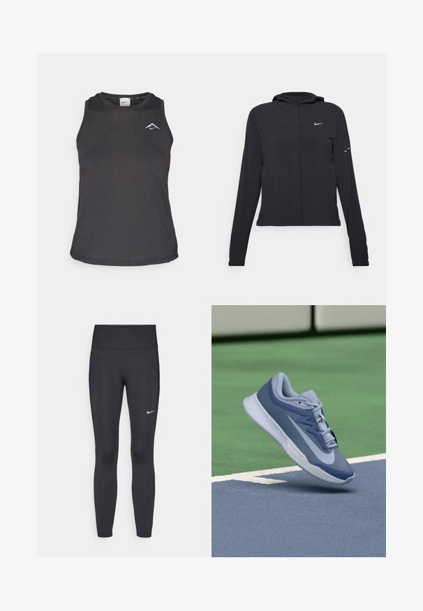 Chaqueta negra con capucha y mangas largas, hecha de un material ligero. Presenta un cierre frontal, un logo de Nike y acentos de diseño sutiles.; Camiseta deportiva negra sin mangas con escote redondo, que presenta un pequeño logotipo azul en el pecho y una tela suave y ligera.; Leggings negras de tela elástica, con una cintura alta y un logo blanco de Nike en el muslo izquierdo. Textura suave, diseño ajustado.; Zapatilla deportiva en azul claro y marino, con un upper texturizado, cordones planos y una suela blanca ligera. Elevada por encima de una superficie de cancha.