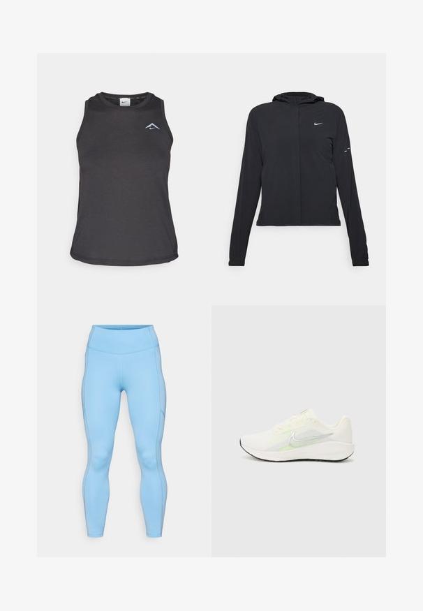 Svart hettegenser med lange ermer, laget av lett materiale. Har glidelås foran, Nike-logo og subtile design detaljer.; Svart treningssinglet med rund hals, med en liten blå logo på brystet og glattere, lett stoff.; Lys blå leggings laget av elastisk stoff. Har høy midje, jevn tekstur og buede sømmer langs beina.; Nike Performance DOWNSHIFTER 13 - Løpesko for vei - sail/silver-coloured photon dust/summit white/barely volt/black