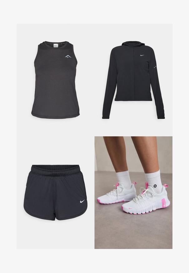 Czarna kurtka z kapturem, z długimi rękawami, wykonana z lekkiego materiału. Posiada zamek błyskawiczny z przodu, logo Nike oraz subtelne akcenty wzornicze.; Czarny sportowy top na ramiączkach z okrągłym dekoltem, ozdobiony małym niebieskim logo na piersi oraz gładkim, lekkim materiałem.; Czarne sportowe spodenki z elastycznym pasem, z sportowym wzorem i białym logo Nike na dolnej części przedniej strony. Tkanina o fakturze.; Białe sportowe buty z różowymi akcentami, aerodynamiczny design, teksturowana siateczka górna oraz elastyczna gumowa podeszwa. Zawierają logo oraz uchwyt do zakupu.
