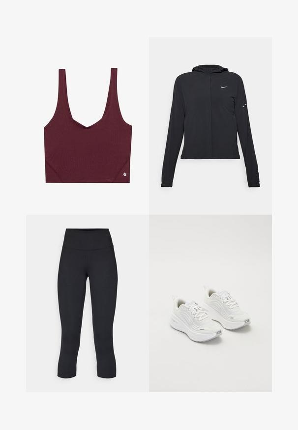 Black hooded jacket with long sleeves, made from lightweight material. Features a front zipper, a Nike logo, and subtle design accents.; Burgundy sports bra with a v-neck design, made of smooth fabric. Features wide straps and a small logo accent on the bottom right.; Black cropped leggings made of stretchy fabric, featuring a high waistband and smooth texture, with no visible patterns or hardware.; White athletic shoes with a textured mesh upper, cushioned sole, and subtle grey accents. Includes branding and looped heel tab for easy wear.