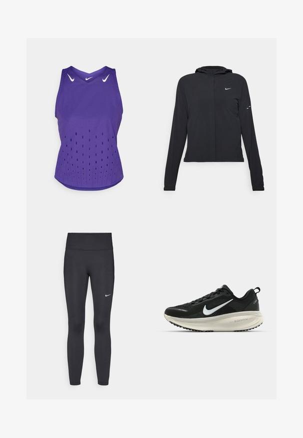 Black hooded jacket with long sleeves, made from lightweight material. Features a front zipper, a Nike logo, and subtle design accents.; Purple athletic tank top with a v-neck, featuring white Nike logos and perforated dot patterns for ventilation. Soft fabric, sleeveless design.; Black leggings made of stretchy fabric, featuring a high waistband and a white Nike logo on the left thigh. Smooth texture, form-fitting design.; Black Nike running shoe with breathable mesh upper, white swoosh logo, textured detailing, and a cream-colored ZoomX midsole.