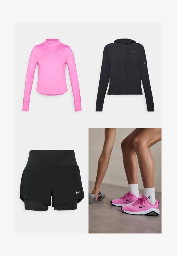 Zwarte kaptrui met lange mouwen, gemaakt van lichtgewicht materiaal. Voorzien van een ritssluiting aan de voorkant, een Nike-logo en subtiele ontwerpelementen.; Mouwlange roze sporttop met een halve ritssluiting, nauwsluitende pasvorm, ronde zoom en reflecterend Nike-logo aan de bovenkant aan de linkerkant. Zacht, rekbaar materiaal.; Zwarte sportshorts met een gelaagd ontwerp, bestaande uit een binnenbroek en een buitenoverlay, gemaakt van lichtgewicht, rekbaar materiaal.; Roze Nike sport schoenen met een bovenwerk van mesh, zwarte accenten en een witte zool, gedragen met witte sokken, naast een zilveren dumbbell.