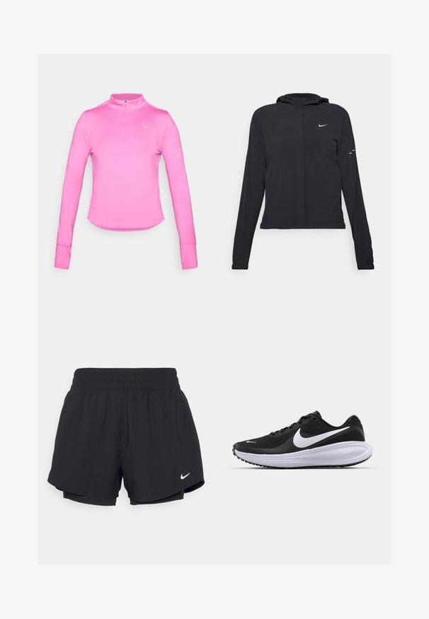 Melnā kapuci jaka ar garām piedurknēm, izgatavota no viegla materiāla. Tam ir priekšējais rāvējslēdzis, Nike logo un smalki dizaina akcenti.; Rozā ilga piedurkne sporta tops ar puszipa apkakli, cieši pieguloša forma, noapaļota apakša un atstarojošs Nike logotips augšējā kreisajā pusē. Mīksta, elastīga auduma.; Melni sporta šorti ar savelkamu elastīgu jostasvietu, iekšējo oderi un baltu Nike logotipu kreisajā apakšējā stūrī. Gluda, viegla auduma.; Melnas sporta kurpes ar teksturētu sieta augšdaļu, baltu „swoosh” logotipu, mīkstu apkakli un biezu, amortizētu balto vidusdaļu. Gumijas zole.