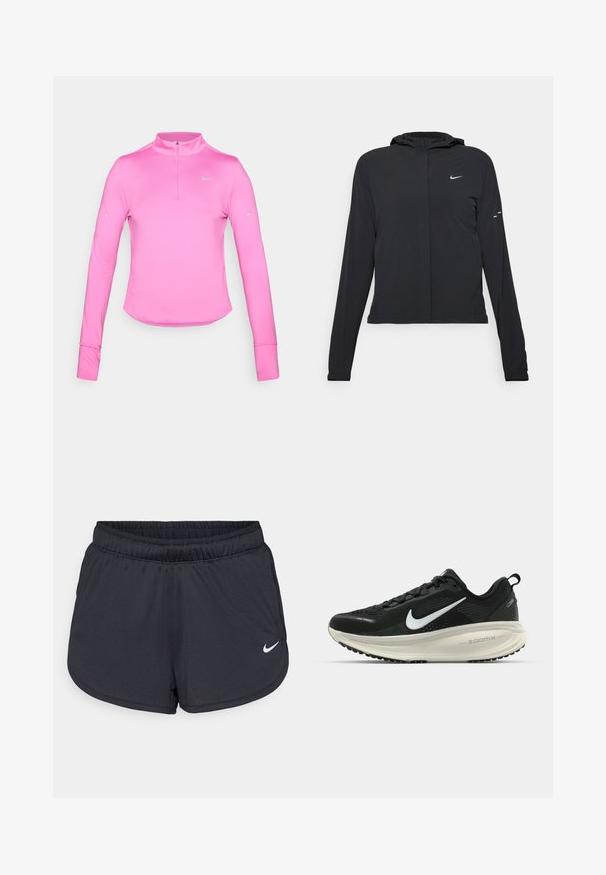 Must musta kapuutsiga jakk, millel on pikad varrukad ja mis on valmistatud kergetest materjalidest. Omab esitaskut, Nike logo ja kergelt silmatorkavaid disainiaktsente.; Pikad varrukad, roosa sportlik topp poole lukuga kraega, sobib hästi kehakujule, ümara hemiga ning peegelduv Nike logo vasakul ülaservas. Pehme ja veniv materjal.; Mustad mustikud mustad lühikesed püksid, mis on valmistatud kerge ja hingava kangaga. Omab elastset vööd ja valget Nike logo alumises paremas nurgas.; Musthave mustus Nike jooksujalats, millel on hingav võrgust ülemine osa, valge swoosh logo, tekstuuriga detailid ja kreemja värvusega ZoomX vahevöö.