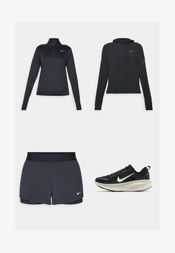Fekete kapucnis dzseki hosszú ujjakkal, könnyű anyagból készült. Elülső cipzárral, Nike logóval és diszkrét dizájn elemekkel rendelkezik.; Fekete, hosszú ujjú sportfelső negyedcipzáros gallérral, sima, könnyű anyagból készült, a mellkason egy kis fehér Nike logóval.; Fekete sportnadrág elasztikus derékkal, réteges kialakítással és kis fehér Nike logóval a bal alsó részen. Könnyű anyag.; Fekete Nike futócipő légáteresztő hálós felsőrésszel, fehér Swoosh logóval, textúrázott részletekkel és krém színű ZoomX középtalppal.