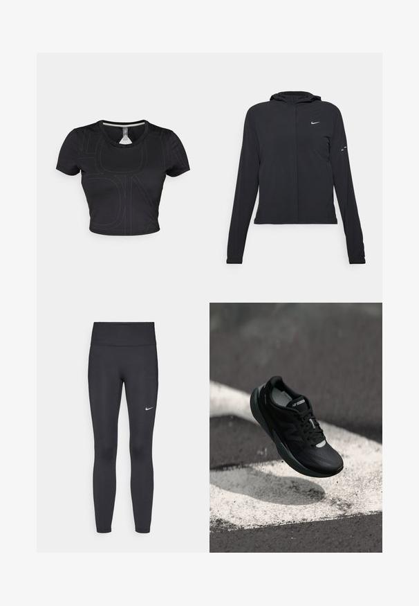 Casaco preto com capuz e mangas longas, feito de material leve. Apresenta um fecho dourado na frente, um logótipo da Nike e detalhes de design subtis.; T-shirt preto curto com mangas curtas, apresentando costuras em contraste e decote redondo. O material parece suave e elástico.; Leggings pretos feitos de tecido elástico, com uma cintura alta e um logo branco da Nike na coxa esquerda. Textura suave, design ajustado ao corpo.; Sapatilha de corrida preta com um cabedal texturizado, design elegante e detalhes reflexivos. Apresenta uma sola macia e acolchoada para maior conforto.
