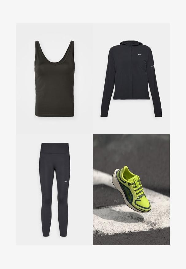 Svart hettegenser med lange ermer, laget av lett materiale. Har glidelås foran, Nike-logo og subtile design detaljer.; Svart ermeløs tanktopp med rund hals, laget av glatt, elastisk stoff. Enkelt design med rene kanter, egnet for lagdeling.; Sorte leggings laget av elastisk stoff, med høy livlinje og en hvit Nike-logo på venstre lår. Glatt tekstur, kroppsnær passform.; Neon gul løpesko med et pustende meshupp, kontrasterende mørke aksenter, teksturerte lisser og en polstret hvit mellomsåle.