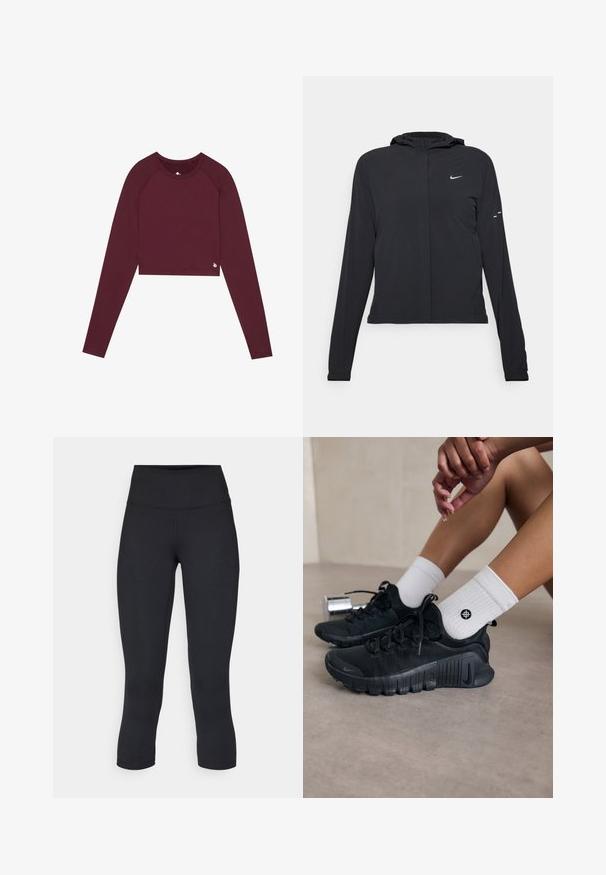 Crna jakna s kapuljačom i dugim rukavima, izrađena od laganog materijala. Ima prednji patentni zatvarač, Nike logo i suptilne dizajnerske detalje.; Burgundska duga majica s dugim rukavima i okruglim izrezom, prilagođenog kroja, s minimalnim detaljem brendiranja na rubu. Glatka tekstura i rastezljiv materijal.; Crne skraćene tajice od rastezljivog materijala, s visokim strukom i glatkom teksturom, bez vidljivih uzoraka ili dodataka.; Crne atletske tenisice s teksturiranim materijalom, vezivanjem i istaknutim potplatom, u kombinaciji s bijelim rebrastim čarapama koje imaju mali logo.