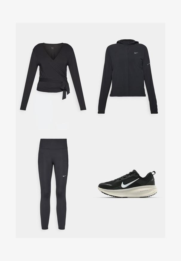 Zwarte kaptrui met lange mouwen, gemaakt van lichtgewicht materiaal. Voorzien van een ritssluiting aan de voorkant, een Nike-logo en subtiele ontwerpelementen.; Zwarte lange mouwen wikkeltop met een V-hals, voorzien van een zijstrik. Gemaakt van zachte, gladde stof met een aansluitende pasvorm.; Zwarte legging van rekbare stof met een hoge tailleband en een wit Nike-logo op de linkerdij. Gladde textuur, aansluitend ontwerp.; Zwarte Nike hardloopschoen met ademend mesh bovenwerk, witte swoosh-logo, gestructureerde details en een crèmekleurige ZoomX middenzool.