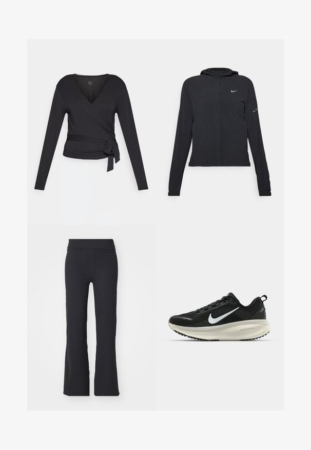 Black hooded jacket with long sleeves, made from lightweight material. Features a front zipper, a Nike logo, and subtle design accents.; Black long-sleeve wrap top with a V-neck, featuring a side tie. Made of soft, smooth fabric with a fitted silhouette.; Black flared pants made of stretchy fabric with a high waistband. Features clean lines and a smooth texture, suitable for casual wear.; Black Nike running shoe with breathable mesh upper, white swoosh logo, textured detailing, and a cream-colored ZoomX midsole.