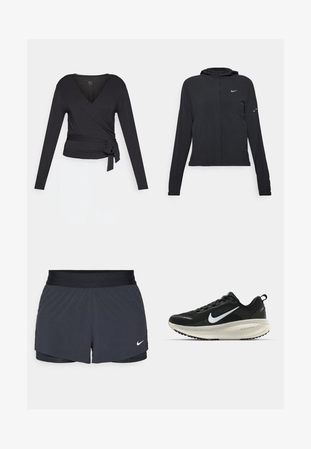 Black hooded jacket with long sleeves, made from lightweight material. Features a front zipper, a Nike logo, and subtle design accents.; Black long-sleeve wrap top with a V-neck, featuring a side tie. Made of soft, smooth fabric with a fitted silhouette.; Black athletic shorts with an elastic waistband, featuring a layered design and a small white Nike logo on the lower left. Lightweight material.; Black Nike running shoe with breathable mesh upper, white swoosh logo, textured detailing, and a cream-colored ZoomX midsole.