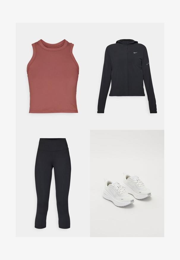 Czarna kurtka z kapturem, z długimi rękawami, wykonana z lekkiego materiału. Posiada zamek błyskawiczny z przodu, logo Nike oraz subtelne akcenty wzornicze.; Fioletowa bezrękawnikowa bluzka crop top wykonana z gładkiego, elastycznego materiału. Posiada wysoki dekolt i płaskie szwy, co nadaje minimalistyczny wygląd.; Czarne, krótkie legginsy wykonane z elastycznego materiału, z wysokim stanem i gładką strukturą, bez widocznych wzorów czy elementów metalowych.; Białe buty sportowe z teksturowaną siateczką u góry, amortyzowana podeszwa i subtelne szare akcenty. Zawierają logo i pętlę z tyłu dla łatwego zakładania.