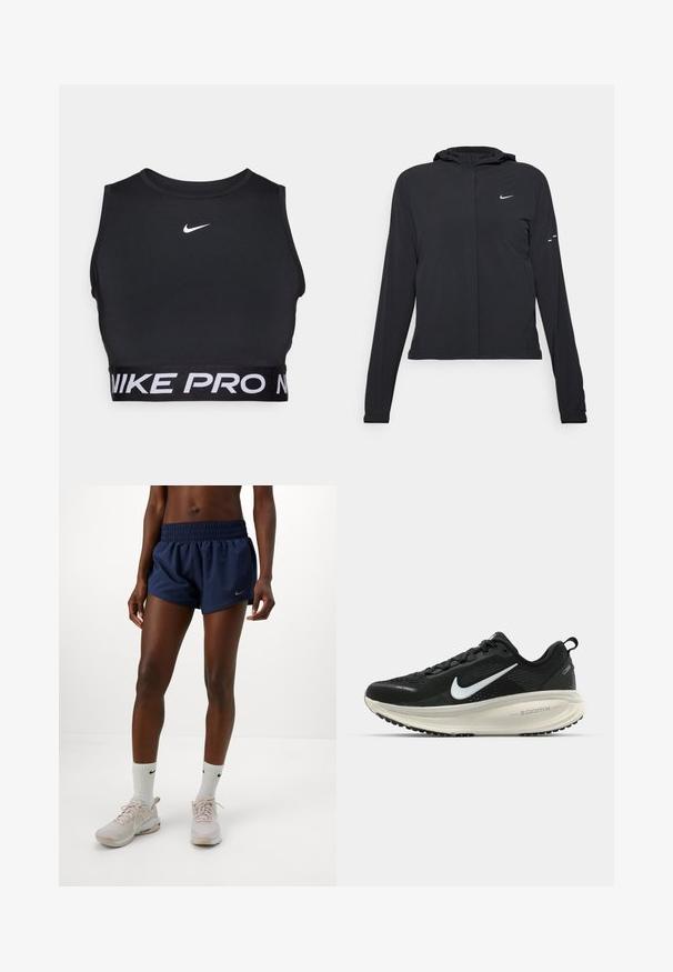 Must musta kapuutsiga jakk, millel on pikad varrukad ja mis on valmistatud kergetest materjalidest. Omab esitaskut, Nike logo ja kergelt silmatorkavaid disainiaktsente.; Mustmustri mustrants kõrge kaelusega ja paksu paelaga, millel on valge kiri "NIKE PRO". Valmistatud siledast ja venivast materjalist. Nike logo rinnal.; Naine kannab tumesiniseid spordilühikesi pükse, valgeid Nike sokke ja heleda roosa värvi Nike tossusid, seistes heledat valget tausta vastu.; Musthave mustus Nike jooksujalats, millel on hingav võrgust ülemine osa, valge swoosh logo, tekstuuriga detailid ja kreemja värvusega ZoomX vahevöö.