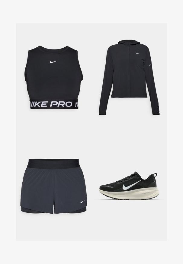 Černá kapucňová bunda s dlouhými rukávy, vyrobená z lehkého materiálu. Obsahuje přední zip, logo Nike a decentní designové akcenty.; Černá sportovní podprsenka s vysokým výstřihem a širokým pásem s nápisem "NIKE PRO" v bílé barvě. Vyrobena z hladkého a elastického materiálu. Logo Nike na hrudi.; Černé sportovní kraťasy s elastickým pasem, které mají vrstvený design a malé bílé logo Nike na dolním levém rohu. Lehce materiál.; Černá běžecká obuv Nike s prodyšným síťovaným svrškem, bílým logem swoosh, texturovanými detaily a krémovou mezipodešví ZoomX.