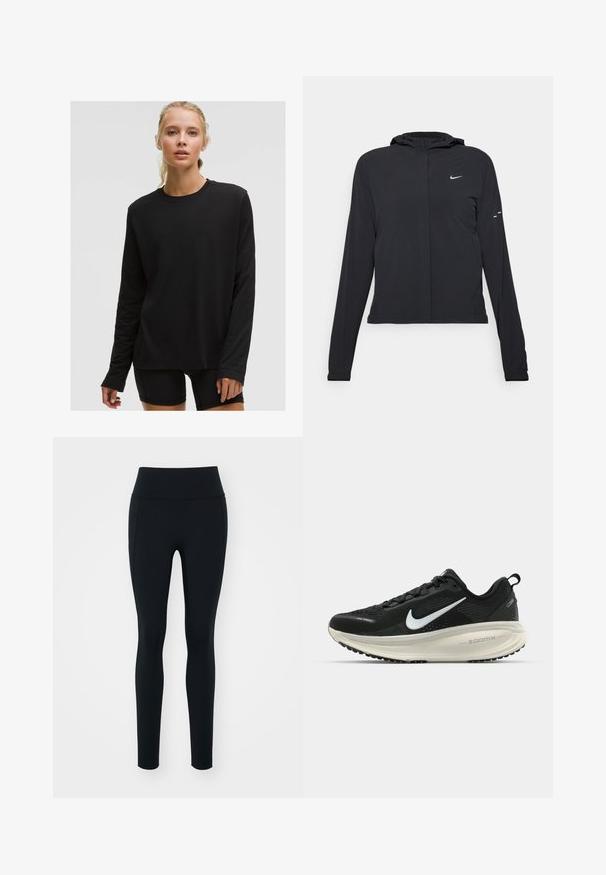 Juodas gobtuvas striukė su ilgomis rankovėmis, pagaminta iš lengvo audinio. Pasižymi priekiniais užtrauktukais, Nike logotipu ir subtiliais dizaino akcentais.; Juodas ilgomis rankovėmis marškinys, pagamintas iš minkštos medžiagos, turi apvalų iškirpimą ir laisvą siluetą. Sklandus paviršius, paprastas dizainas, be matomų raštų.; Juodos tamprės, pagamintos iš elastingos medžiagos, su aukštu liemeniu. Lygus paviršius, prigludusi forma ir jokių matomų papuošimų ar raštų.; Juodas Nike sportinis batelis su kvėpuojančiu tinklu, baltu swoosh logotipu, tekstūruoto dizaino detalėmis ir grietinėlės spalvos ZoomX viduriu.