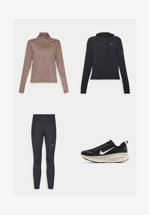 Casaco preto com capuz e mangas longas, feito de material leve. Apresenta um fecho dourado na frente, um logótipo da Nike e detalhes de design subtis.; Nike Performance DRI-FIT PACER - Camisola de manga comprida - mink brown/reflective silver; Leggings pretos feitos de tecido elástico, com uma cintura alta e um logo branco da Nike na coxa esquerda. Textura suave, design ajustado ao corpo.; Sapatilha de corrida Nike preta com parte superior de malha respirável, logotipo Swoosh branco, detalhes texturizados e uma entressola ZoomX na cor creme.