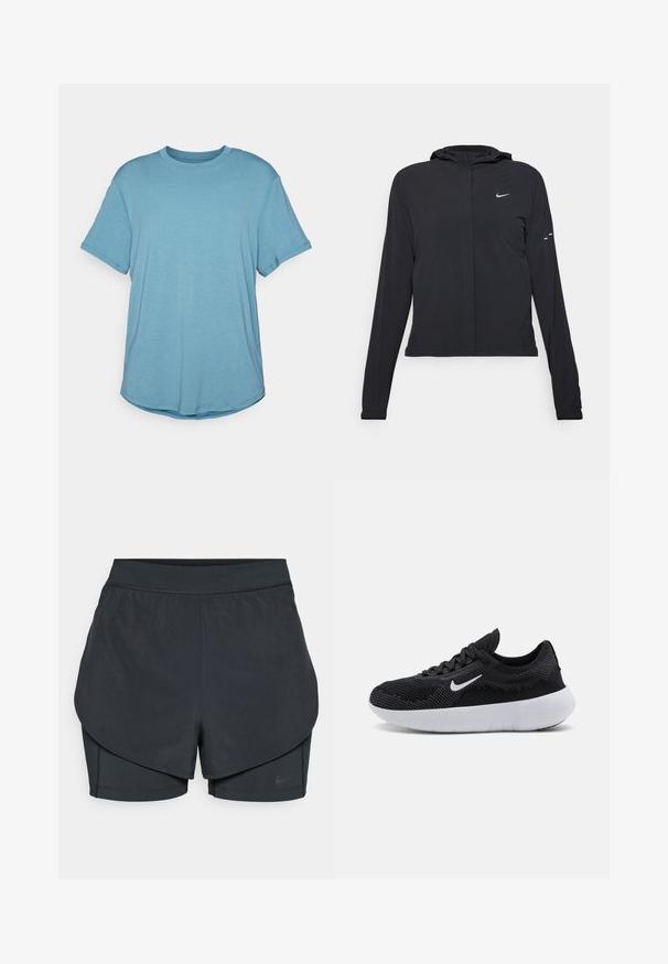 Svart hettegenser med lange ermer, laget av lett materiale. Har glidelås foran, Nike-logo og subtile design detaljer.; Kortermet t-skjorte med rund hals i lyseblå, laget av myk stoff med avslappet passform, med buet kant og minimale sømdetaljer.; Svart idrettsshorts med lagdelt design, som har et glatt ytre lag og tettsittende indre shorts. Laget av lett, elastisk stoff.; Svart atletisk sko med mesh-overdel, teksturert design, rund tå, hvit gummisåle og et Nike-logo på siden.