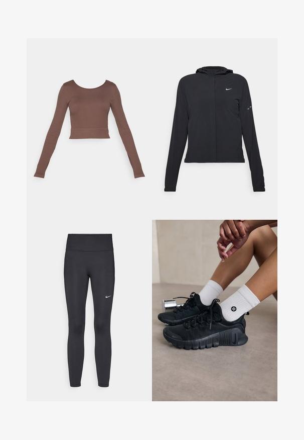 Mustassa hupparissa on pitkät hihat, ja se on valmistettu kevyestä materiaalista. Siinä on edessä vetoketju, Nike-logo ja hillityt muotoiluyksityiskohdat.; Ruskea pitkähihaisuus crop-top, joka on valmistettu ribbikankaasta. Siinä on pyöreä pääntie ja tiukka siluetti, sekä siisti helma ja saumatontuvat hihat.; Mustat leggingsit joustavasta kankaasta, joissa on korkea vyötärö ja valkoinen Nike-logo vasemmassa reidessä. Sileä pinta, muotoaan myötäilevä suunnittelu.; Mustat urheilukengät, joissa on teksturoitu kangas, nauhakiinnitys ja näyttävä pohja, yhdistettyinä valkoisiin ribbikuvioisiin sokkeihin, joissa on pieni logo.