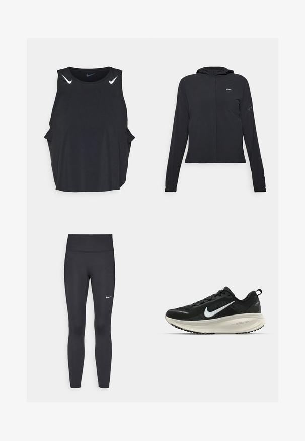 Giacca nera con cappuccio e maniche lunghe, realizzata in materiale leggero. Presenta una zip frontale, il logo Nike e accenti di design sottili.; Canotta atletica nera senza maniche con scollatura arrotondata, tagli laterali e loghi Nike bianchi sulle spalle. Tessuto liscio e leggero.; Leggings neri realizzati in tessuto elasticizzato, con una vita alta e un logo Nike bianco sulla coscia sinistra. Tessuto liscio, design aderente.; Scarpa da corsa nera Nike con tomaia in rete traspirante, logo Swoosh bianco, dettagli testurizzati e intersuola ZoomX di colore crema.
