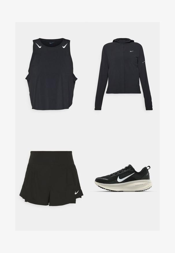 Giacca nera con cappuccio e maniche lunghe, realizzata in materiale leggero. Presenta una zip frontale, il logo Nike e accenti di design sottili.; Canotta atletica nera senza maniche con scollatura arrotondata, tagli laterali e loghi Nike bianchi sulle spalle. Tessuto liscio e leggero.; Pantaloni sportivi neri con una vita alta, dettagli plissettati, orlo curvo e logo Nike bianco sul lato inferiore destro.; Scarpa da corsa nera Nike con tomaia in rete traspirante, logo Swoosh bianco, dettagli testurizzati e intersuola ZoomX di colore crema.