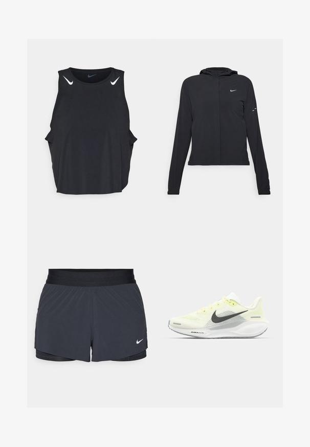Zwarte kaptrui met lange mouwen, gemaakt van lichtgewicht materiaal. Voorzien van een ritssluiting aan de voorkant, een Nike-logo en subtiele ontwerpelementen.; Zwarte mouwloze sportieve tanktop met ronde hals, zijsplitten en witte Nike swoosh-logo's op de schouders. Glad, lichtgewicht materiaal.; Zwarte sportshorts met een elastische tailleband, met een gelaagd ontwerp en een klein wit Nike-logo aan de onderkant links. Lichtgewicht materiaal.; Nike hardloopschoenen met een lichtgele en witte mesh bovenkant, grijze accenten en een flexibele rubberen zool. Voorzien van een vetersluiting.